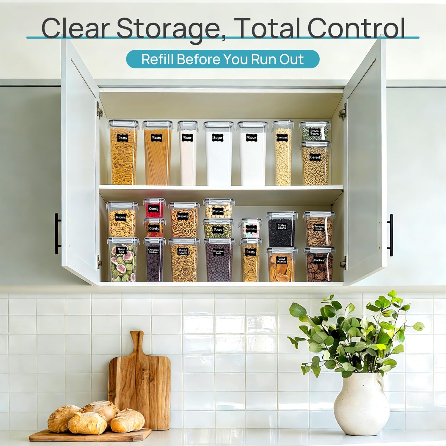 Airtight Food Storage Containers with Lids,  24 Pcs Plastic Kitchen and Pantry Organization Canisters for Cereal, Dry Food, Flour and Sugar, BPA Free, Includes 24 Labels，Black